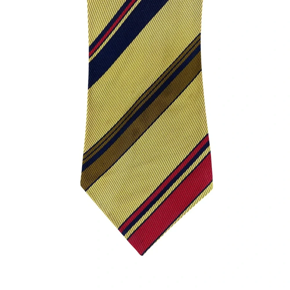 VTG Mens Tie Gold Yellow Red Navy Blue Olive Bold Repp Stripe Preppy 53x3.5